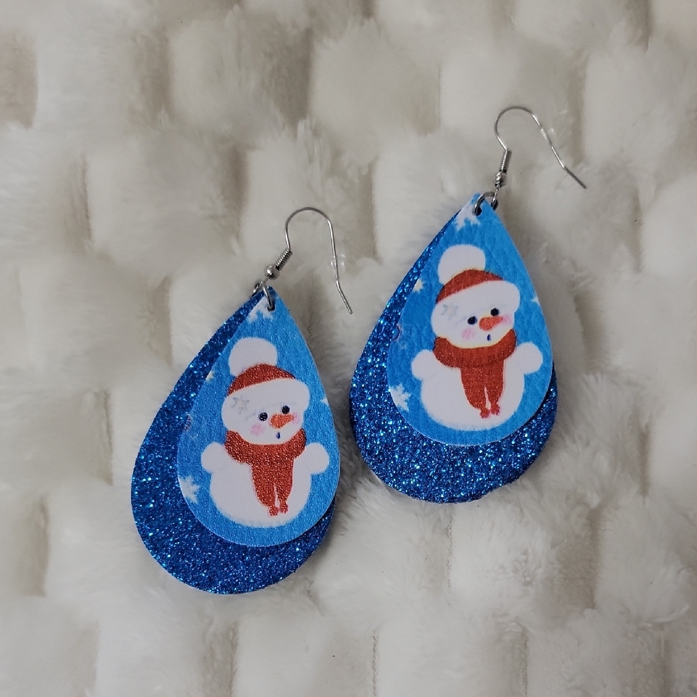 Blue Snowman Glitter Earrings